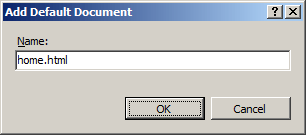 Screenshot of adding a new Default Document named home dot H T M L.