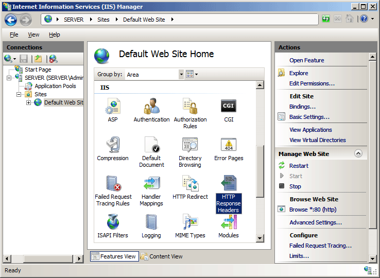 Screenshot of the I I S Manager window displaying the Default Web Site Home page. THe icon for H T T P Response Headers is highlighted.