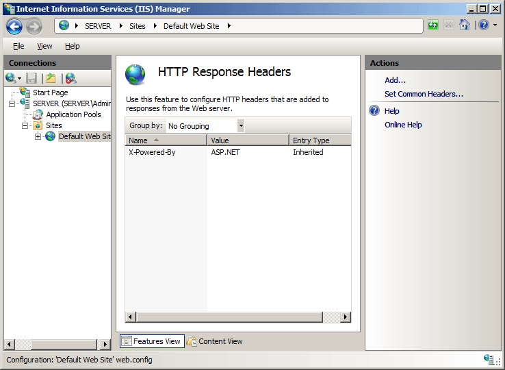 Screenshot of the I I S Manager window display the H T T P Response Headers page.
