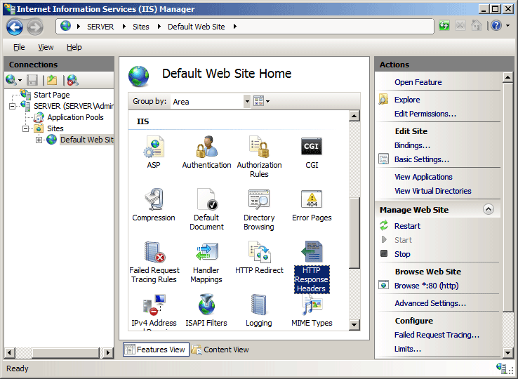 Screenshot of the Default Web Site Home page. The H T T P Response Headers icon is highlighted. 