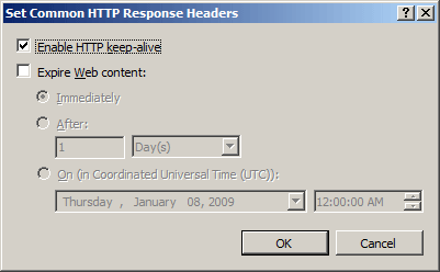 Screenshot of the Set Common H T T P Response Headers dialog box.