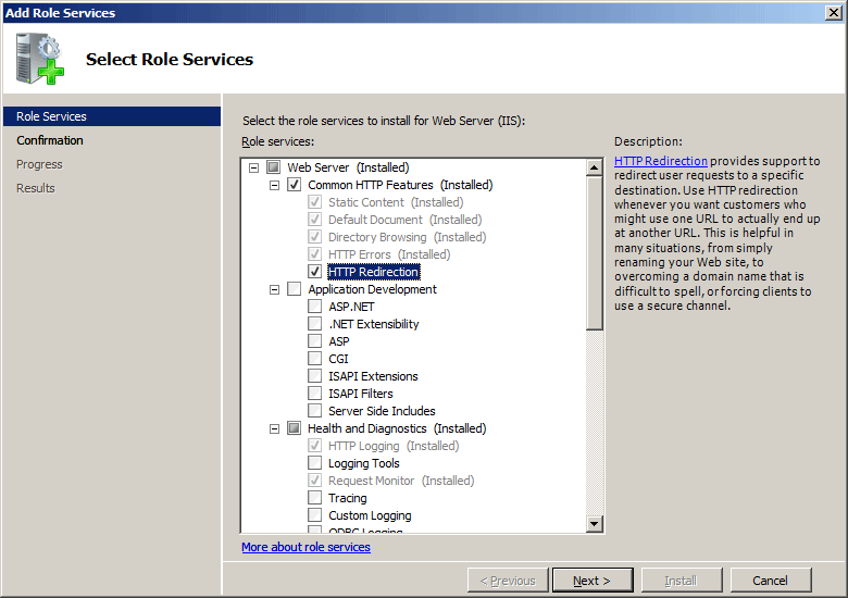 Screenshot of the Add Roll Services wizard displaying the Select Role Services page. H T T P Redirection is highlighted in the drop down menu.