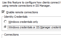 Screenshot of Management Service page with Windows Credentials or I I S Manager Credentials option selected.