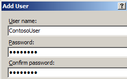 Screenshot displays Add User dialog box with fields populated with User name and password.