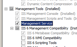 Screenshot of Select Role Services in Add Role Services Wizard showing Management Tools node expanded and Management Service selected.
