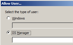 Screenshot that shows the Allow User dialog box, with I I S Manager selected.