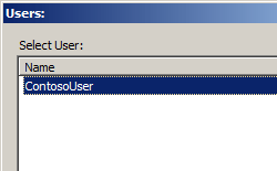 Screenshot that shows the Users dialog box, with Contoso User listed.
