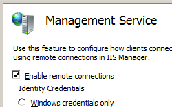 Screenshot that shows the Management Service Pane. Enable remote connections and I I S Manager credentials are selected.