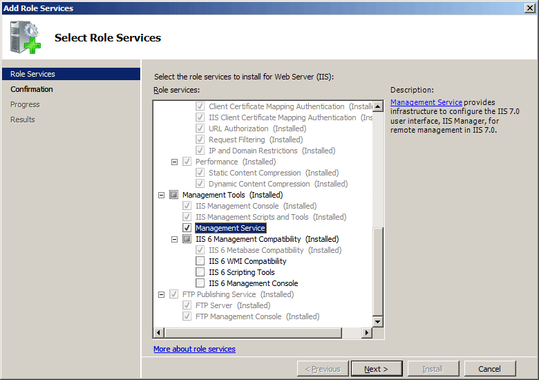 Screenshot of Management Service selected in a Windows Server 2008 interface.