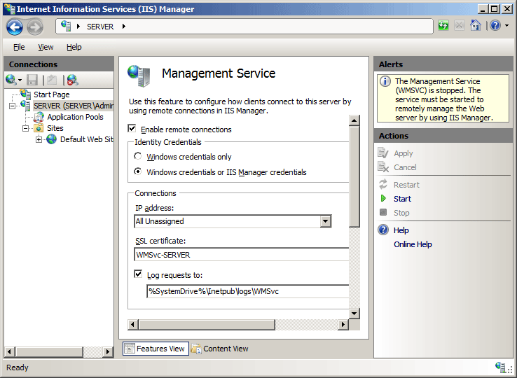 Screenshot of the Management Service pane in the I I S Manager.