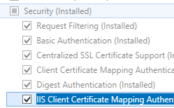 Image of Web Server and Security pane expanded and I I S Client Certificate Mapping Authentication selected.