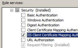 Image of Select Role Services page with I I S Client Certificate Mapping Authentication Selected.