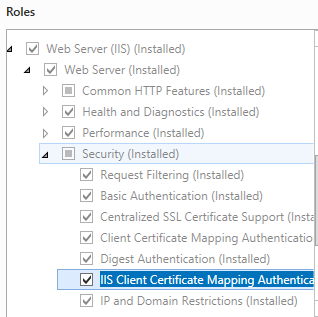 Screenshot of the Services Roles page showing the I I S Client Certificate Mapping Authentication option being highlighted.