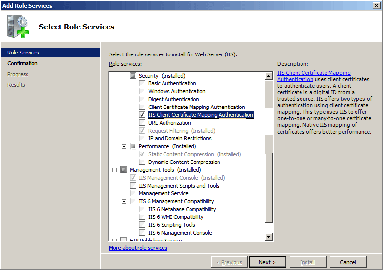 Screenshot of the Add Roles Services Wizard showing the highlighted I I S Client Certificate Mapping Authentication.