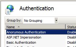 Screenshot that shows the Authentication pane in the I I S Manager.