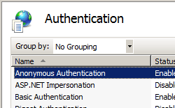 Screenshot that shows the Authentication pane. Anonymous Authentication is selected. The Actions pane lists Disabled and Edit.