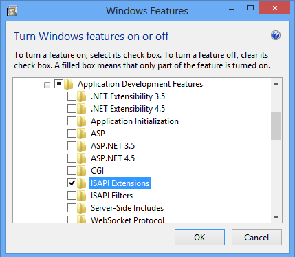 Screenshot of the Windows Features dialog box. The I S A P I Extensions feature is highlighted.