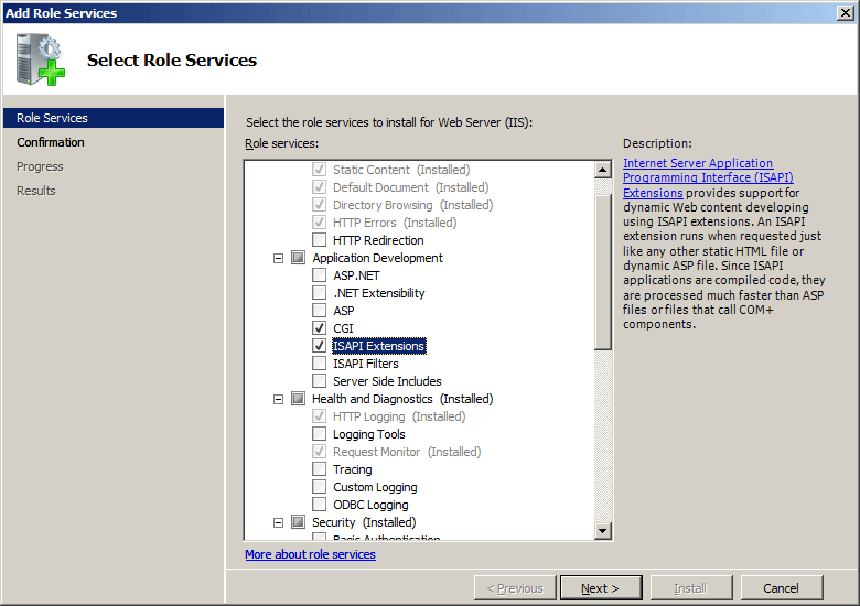 Screenshot of the Add Role Services displaying the Role Services page. The I S A P I Extensions feature is highlighted. 