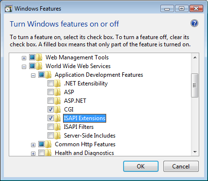 Screenshot of the Windows Features dialog with the I S A P I Extensions feature highlighted.
