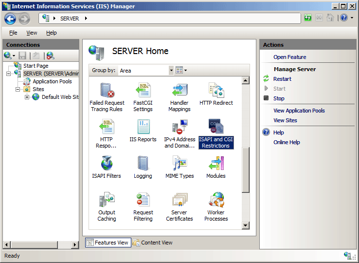 Screenshot of the I I S Manager window displaying the Server Home page. The icon for I S A P I and C G I Restrictions is highlighted.