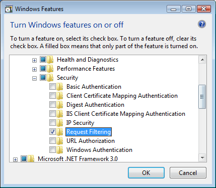 Screenshot of Request Filtering selected in a Windows Vista or Windows 7 interface.