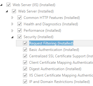 Screenshot showing the Windows server 2012 or 2012 R 2 expanded Security (Installed) list. Request Filtering (Installed) is highlighted.
