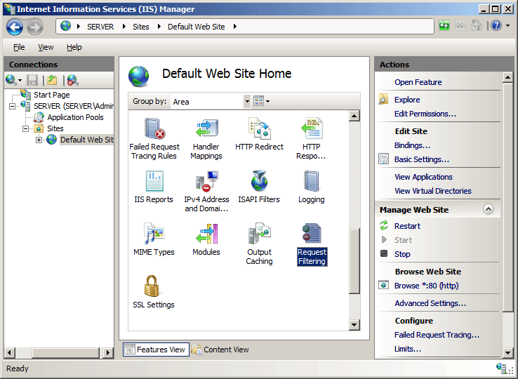 Screenshot of the I I S Manager window. The Request Filtering icon is highlighted.