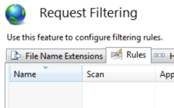 Screenshot of Request Filtering pane displaying Rules tab.