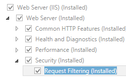 Image of Server Roles page with Web Server I I S pane expanded and Request Filtering selected.