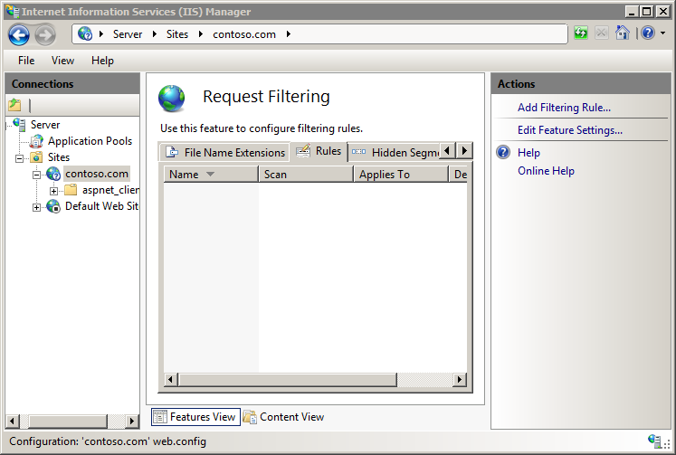 Screenshot of an empty Rules tab in the Request Filtering pane.