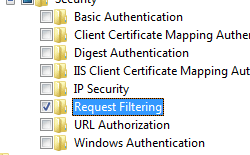 Screenshot displays Security node expanded in Turn Windows features on or off and Request Filtering selected.