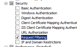 Screenshot that shows Request Filtering selected for Windows Server 2008.