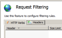 Image of Request Filtering pane displaying Headers tab and Add Header in the Actions pane.