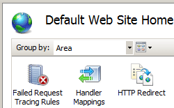 Screenshot of the Default Web Site Home screen, showing the Failed Request Tracing Rules, Handler Mappings, and H T T P Redirect options.