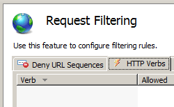 Image of Request Filtering pane showing H T T P verbs tab and Deny verb option in the Actions pane.