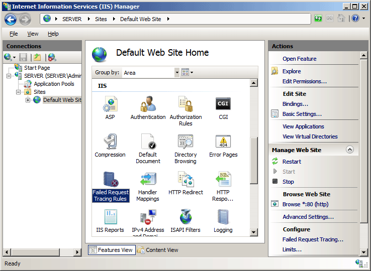 Screenshot of the Default Web Site Home page. The icon for Failed Request Tracing Rules is highlighted.