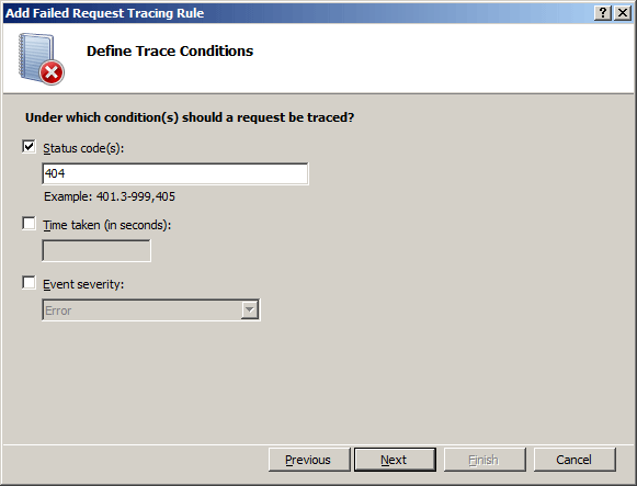 Screenshot of the Define Trace Conditions Wizard dialog box.