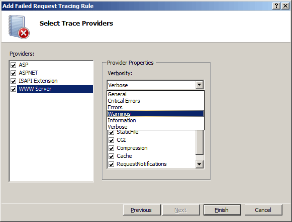 Screenshot of the Select Trace Providers dialog box with W W W Server highlighted in the Providers field.