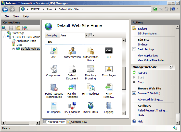 Screenshot of the Default Web Site Home page in I I S Manager.