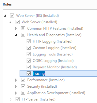 Screenshot of the Roles and Features wizard. Tracing is highlighted in the menu.