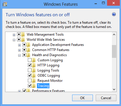 Screenshot of the Windows Features dialog box. Tracing is highlighted in the expanded menu.