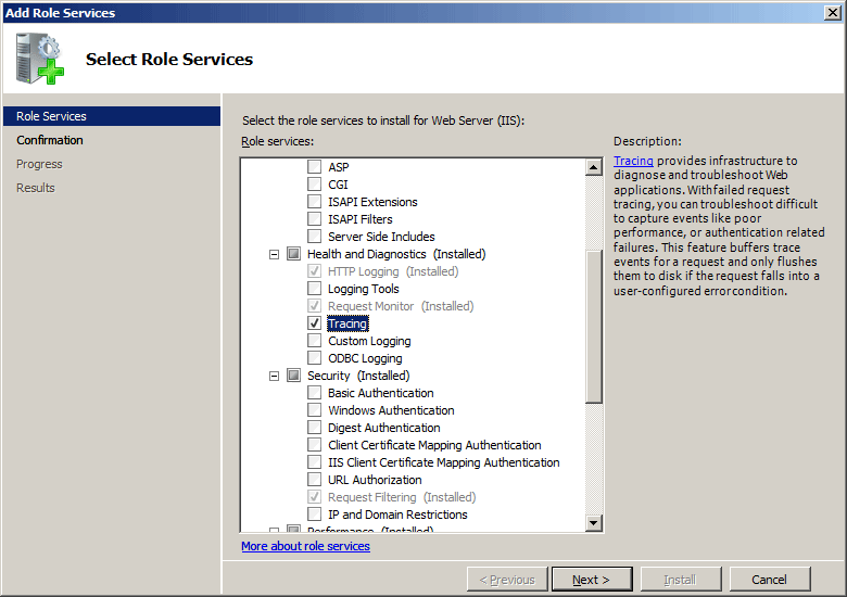 Screenshot of the Select Role Services wizard displaying the Role Service page. Tracing is highlighted in the expanded menu.