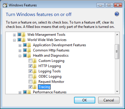 Screenshot of the Windows Features dialog box with the Tracing feature highlighted.