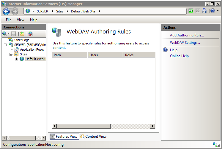 Screenshot of Web DAV Authoring Rules feature in Home pane. Web DAV Settings is displayed in Actions pane.