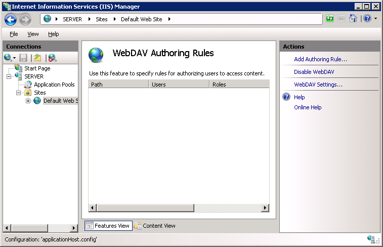 Screenshot of Web DAV Authoring Rules page with Web DAV Settings displayed in Action pane.