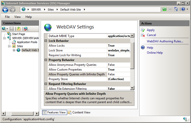 Screenshot of Web DAV Settings page displaying different options in Property Behavior section set to true or false.