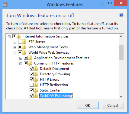 Screenshot of Turn Windows features on or off window with Web DAV Publishing selected.