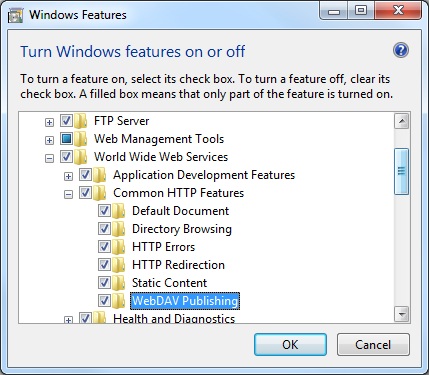 Screenshot of Turn Windows features on or off with World Wide Web Services pane expanded and Web DAV Publishing selected.