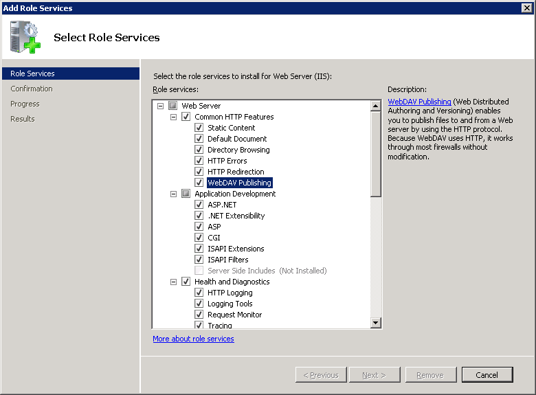 Screenshot of the Add Role Services Wizard. The Select Role Services page is shown. Web DAV Publishing is highlighted and selected.