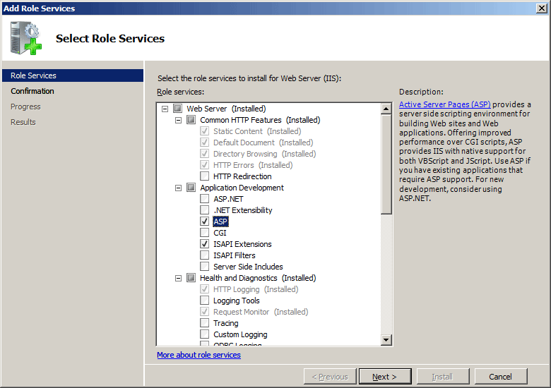 Screenshot that shows the Select Role Services page in the Add Role Services dialog box. A S P is selected under the Application Development node.